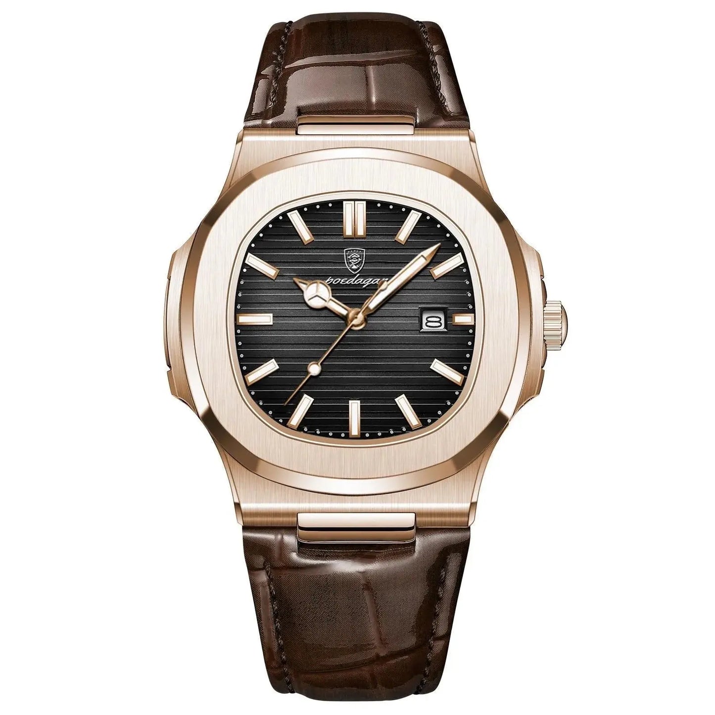 Luxury watch with brown leather strap and rose gold case on white background