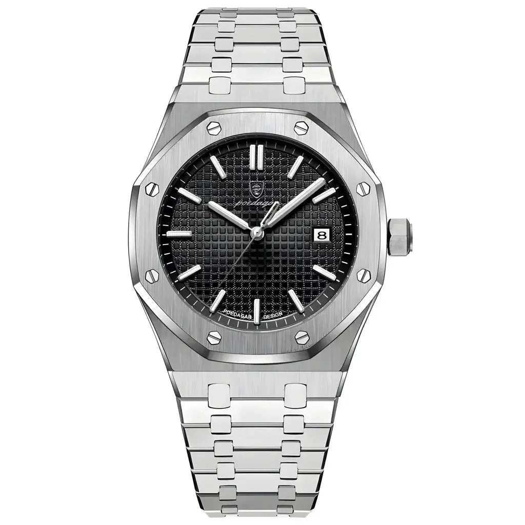 Silver watch with black face on a white background