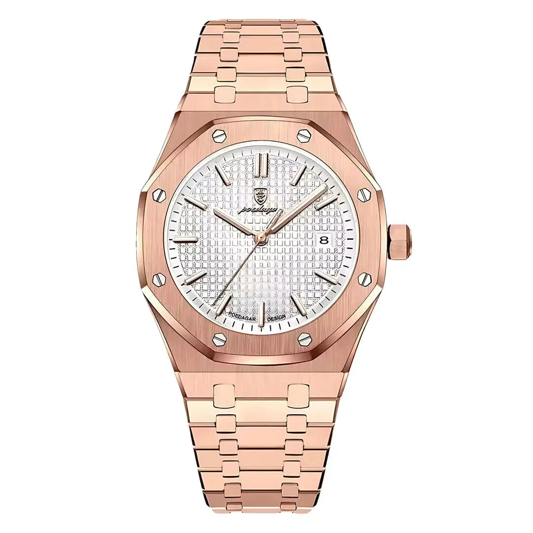 Rose gold watch with a white face on a white background