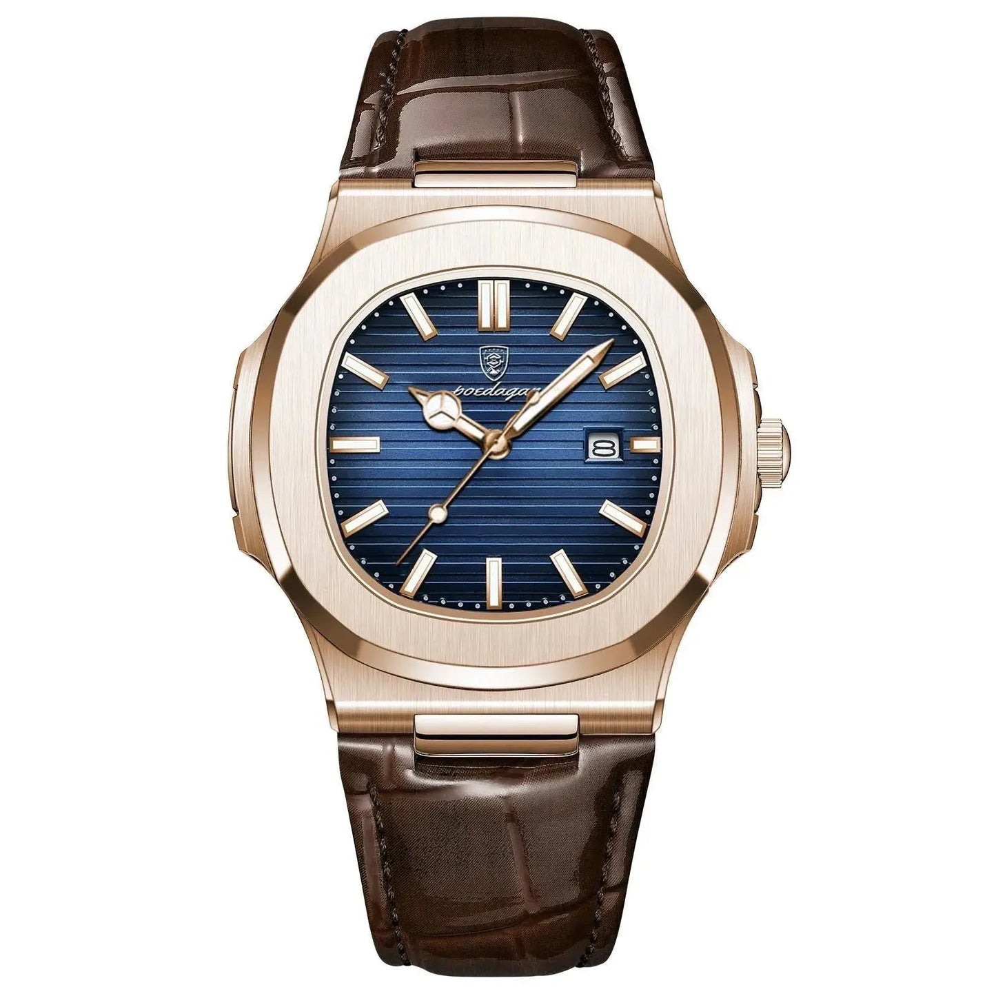 Watch with brown leather strap and blue dial on a white background