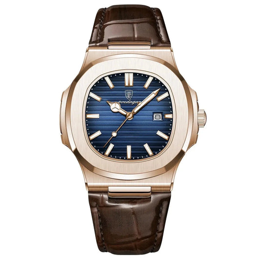 Watch with brown leather strap and blue dial on a white background
