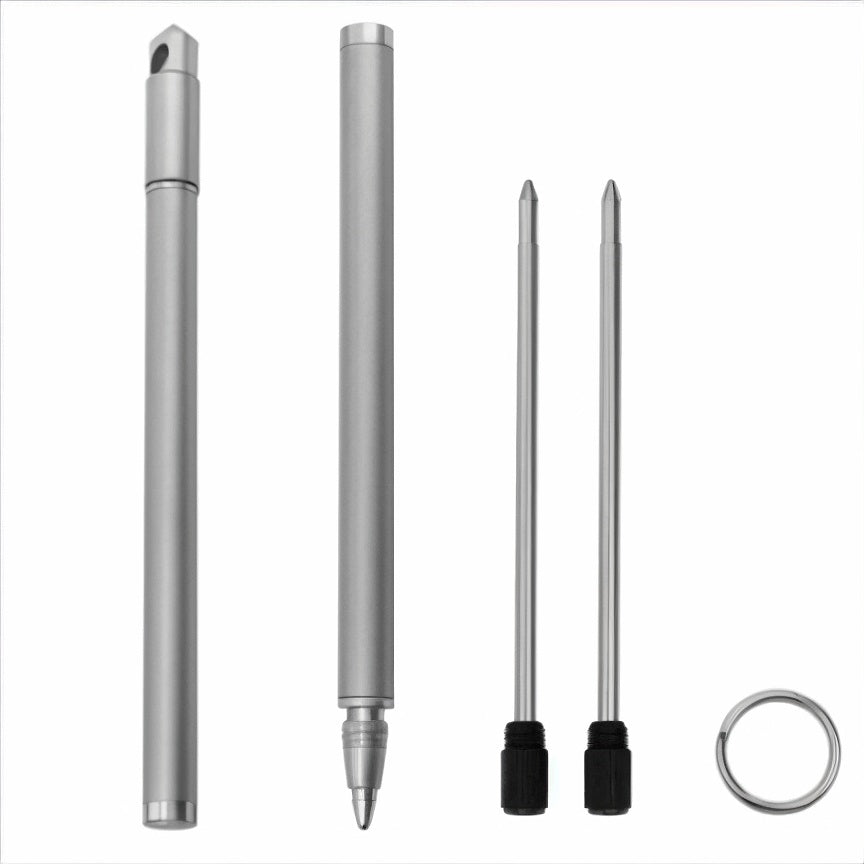 Set of silver pen components on a white background