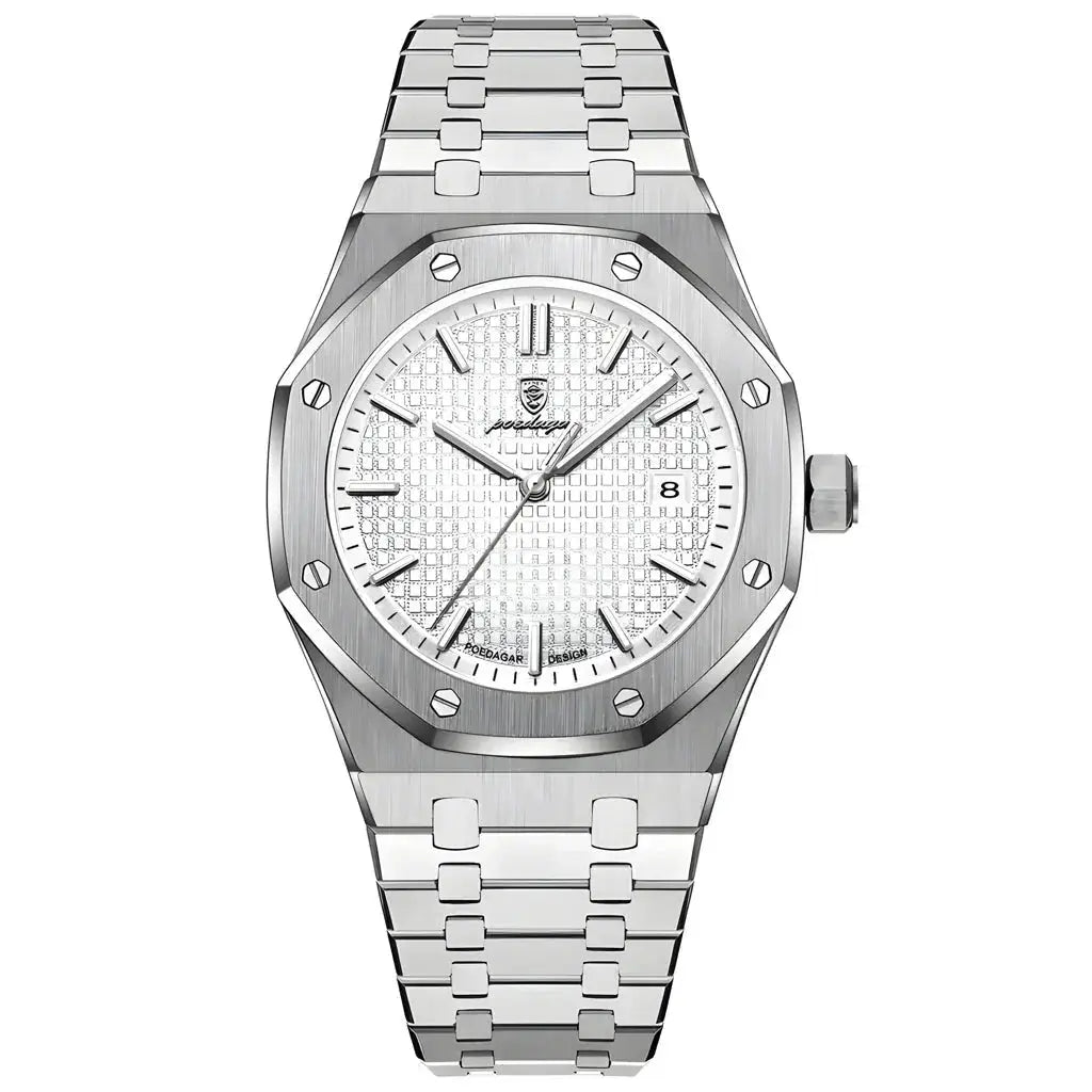 Silver watch with a detailed face on a white background