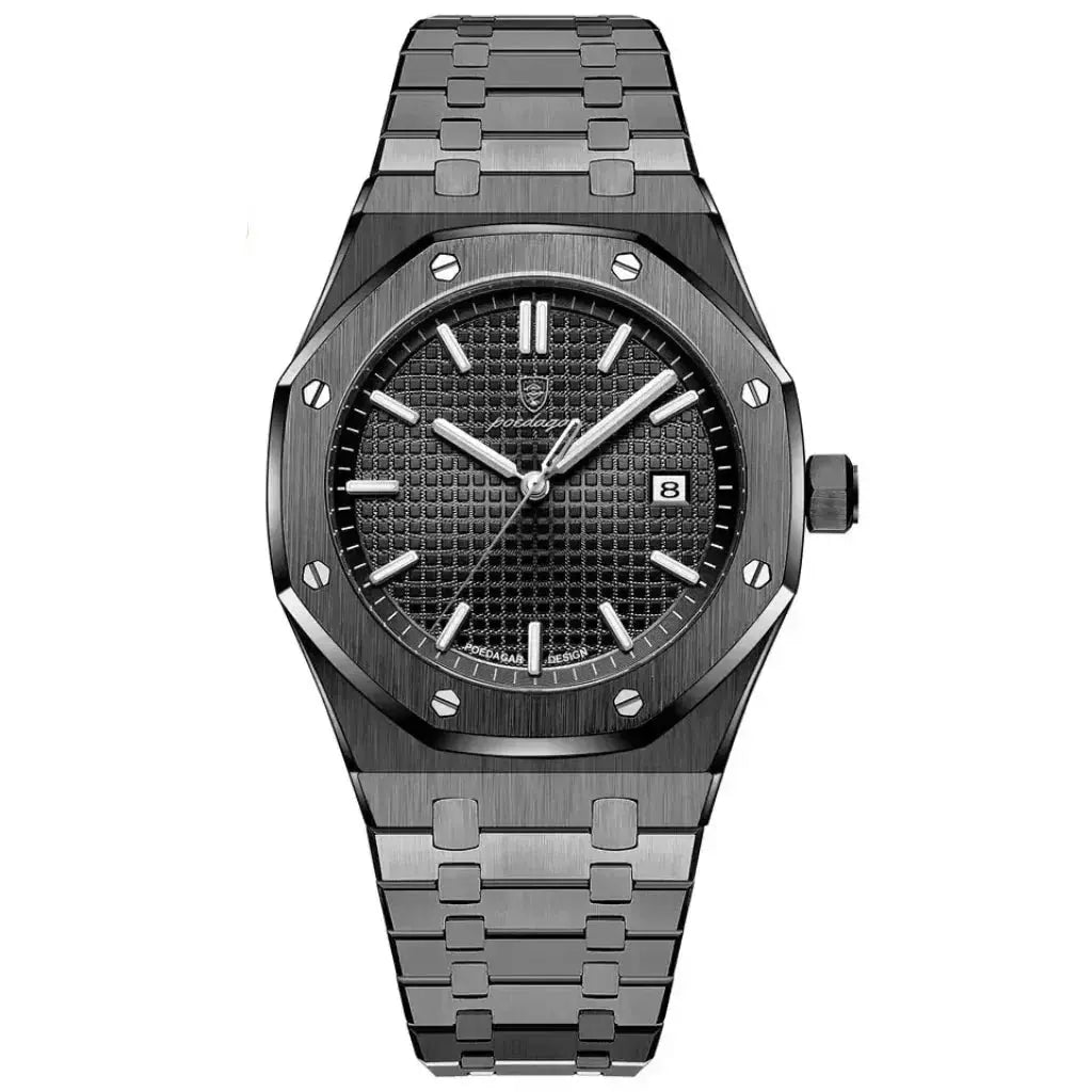 Black watch with a textured face on a white background