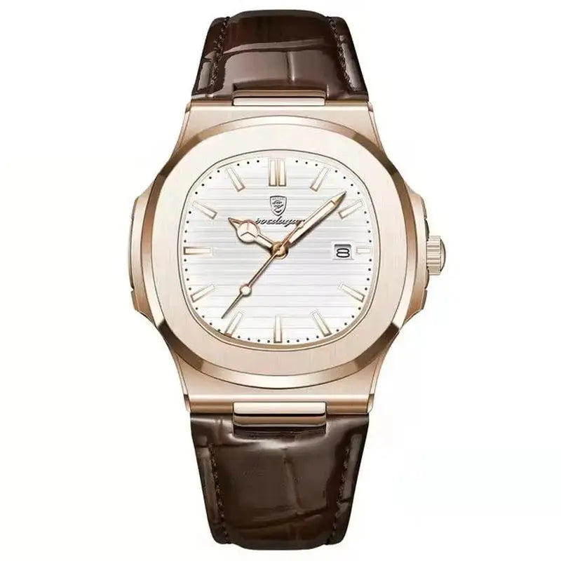 Watch with brown leather strap and rose gold case on white background