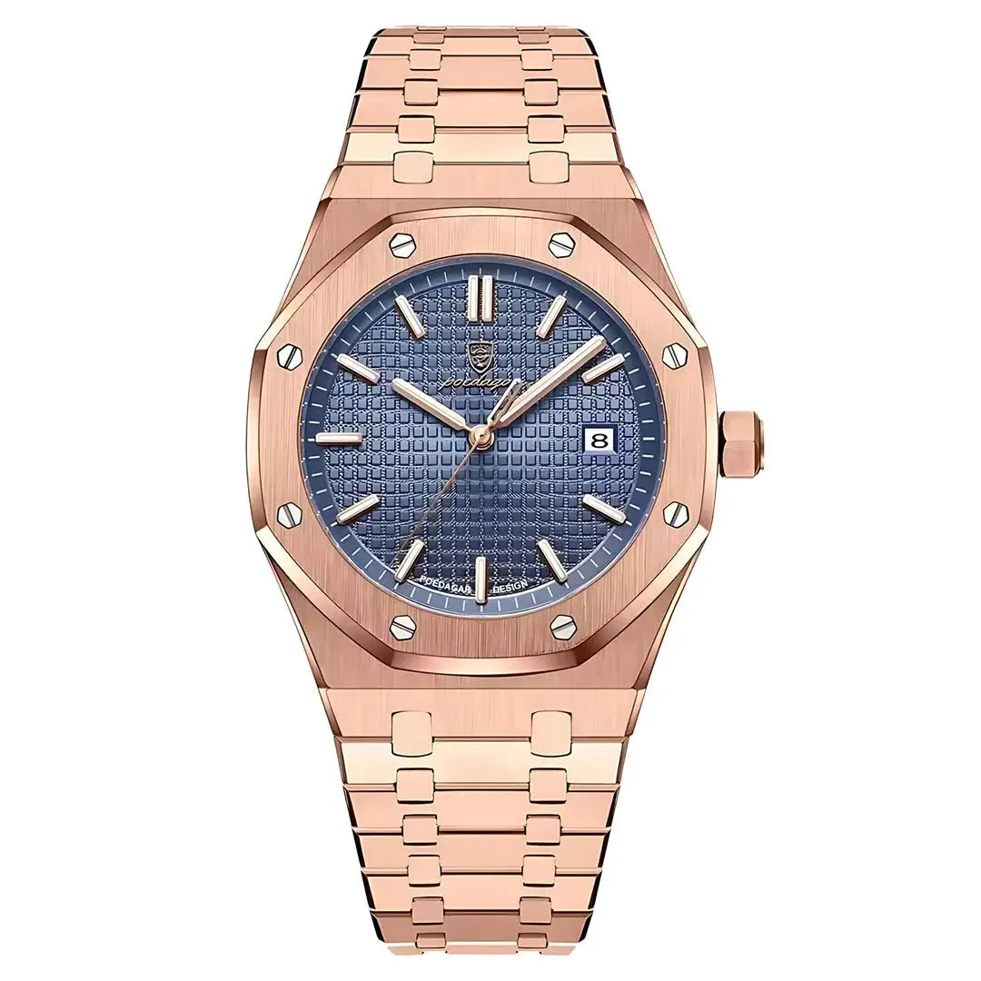 Rose gold watch with blue dial on a white background