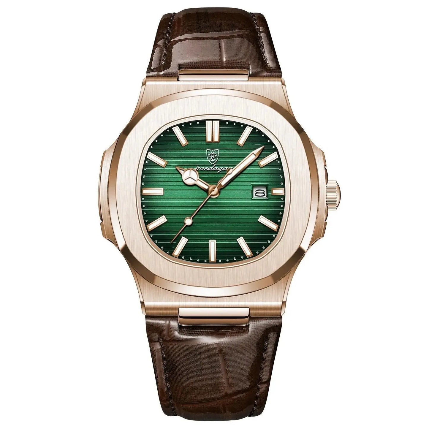 Watch with green dial and brown leather strap on white background