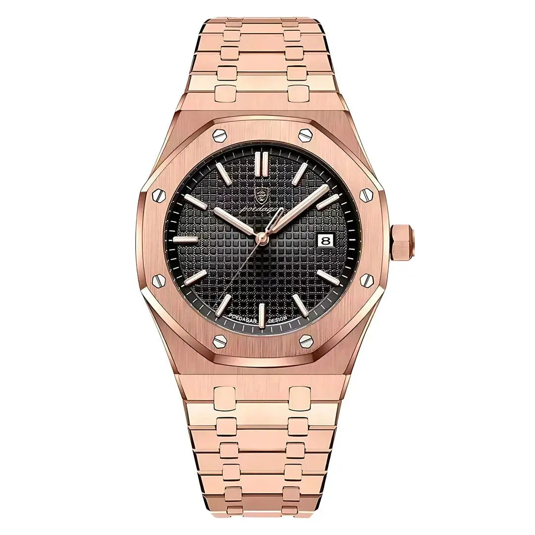 Rose gold watch with black dial on a white background