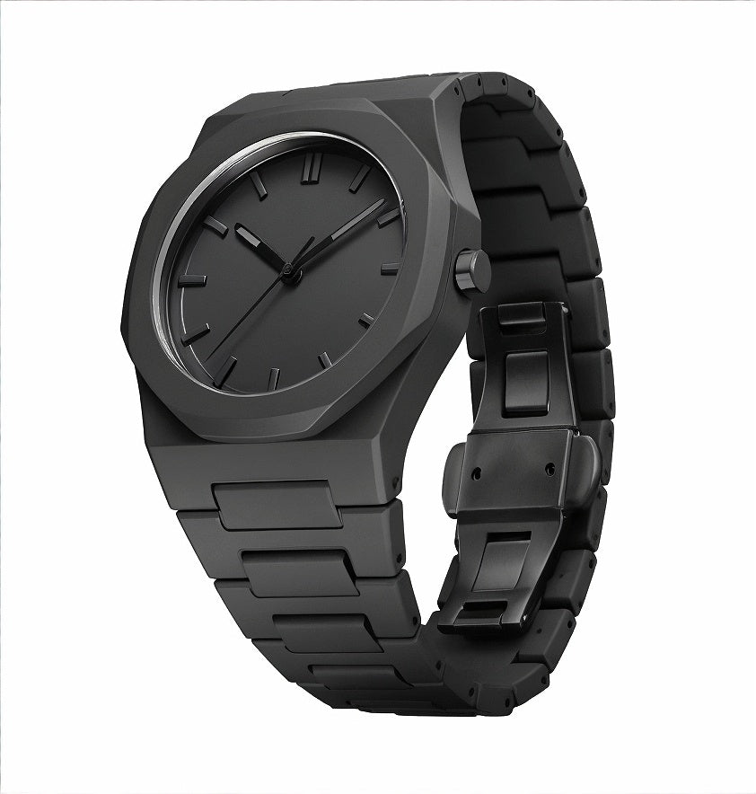 Black wristwatch with a metallic band on a white background