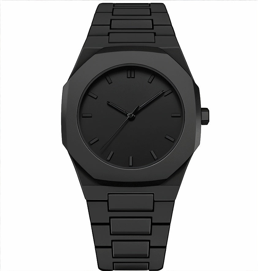 Black wristwatch with a metal strap on a white background