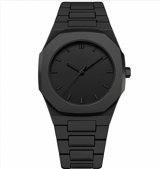 Black wristwatch with a metal strap on a white background