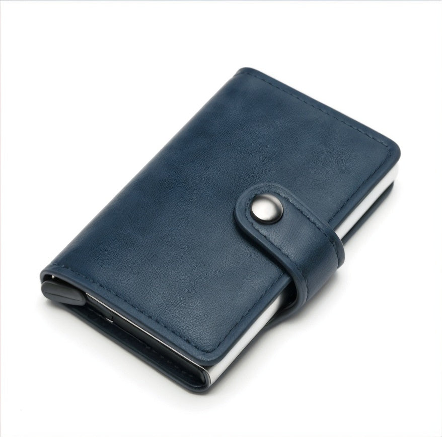 Blue leather wallet with a button closure on a white background