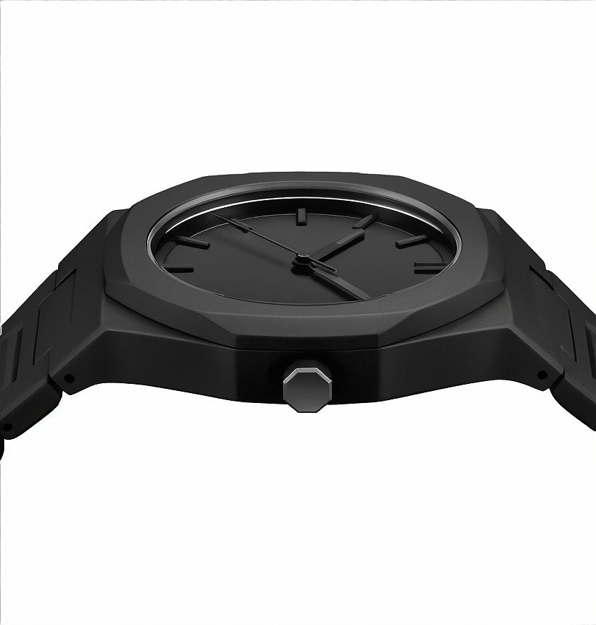 Black wristwatch with a geometric design on a white background